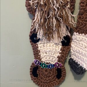 Handmade Brown & Cream Horse Scarf with Blue Bow new medium cute